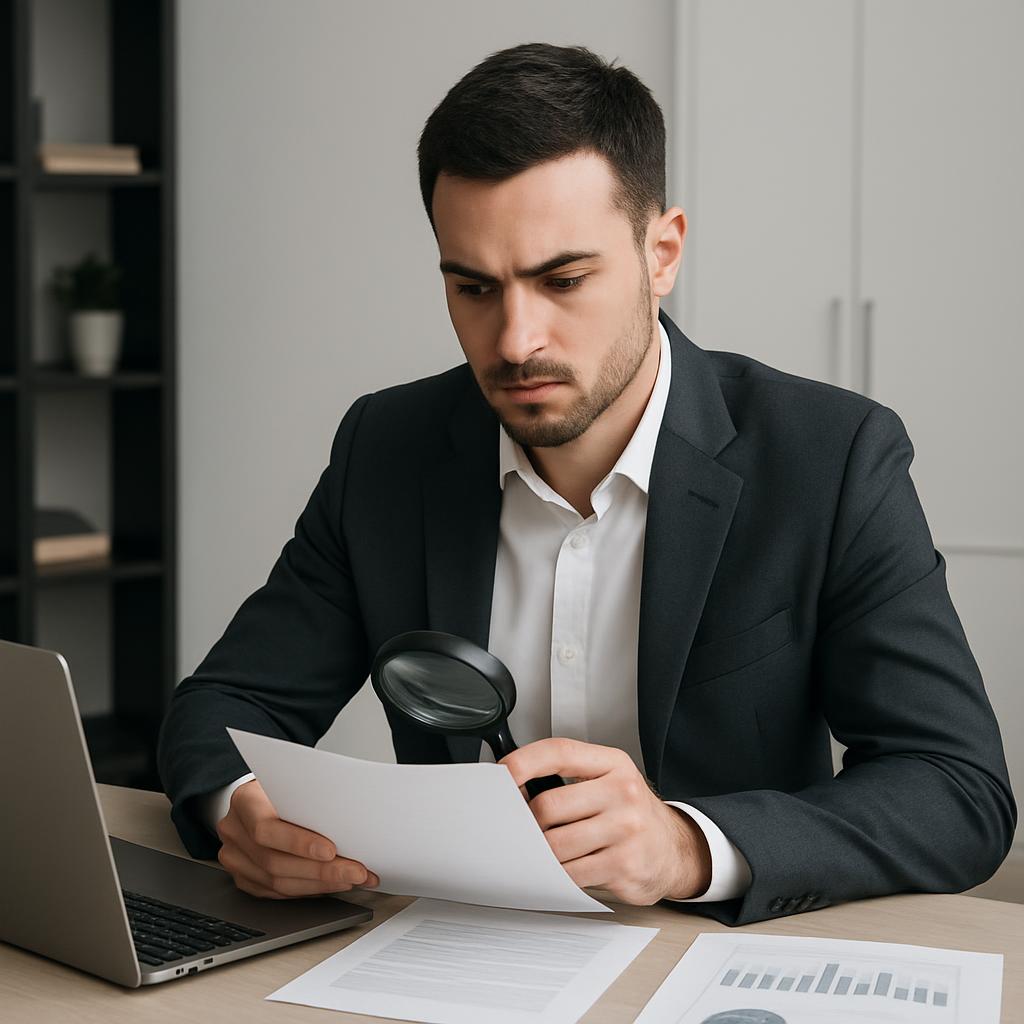 a man with short, dark hair in a suit inspecting papers under a magnifying glass.