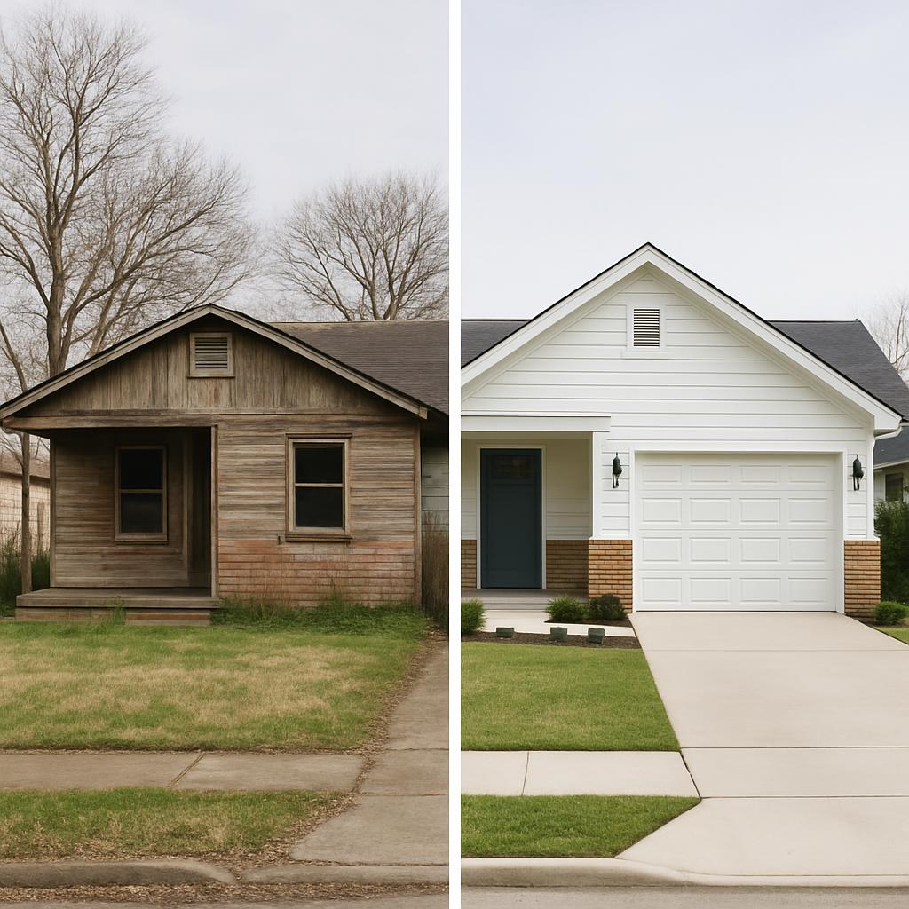 Two contrasting images of single-story houses: a small and worn residence on the left and a larger, nicer residence on the...