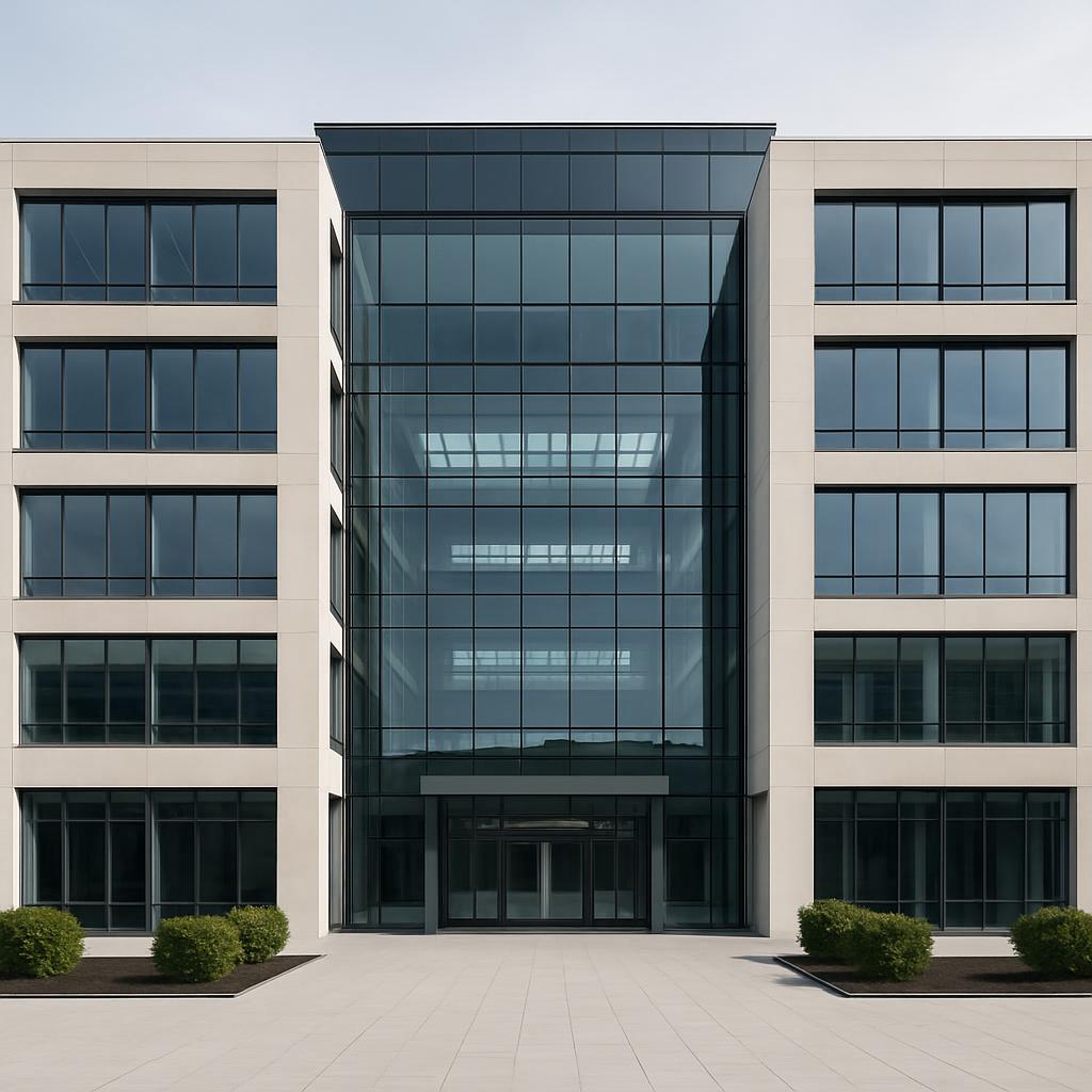 A large, modern office building with multiple levels of windows.
