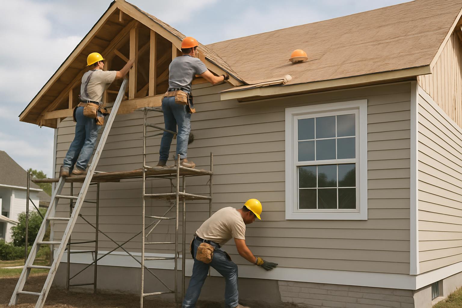 Three construction workers putting up the front part of a house, covered in beige siding, and a jutting roof. They are all...