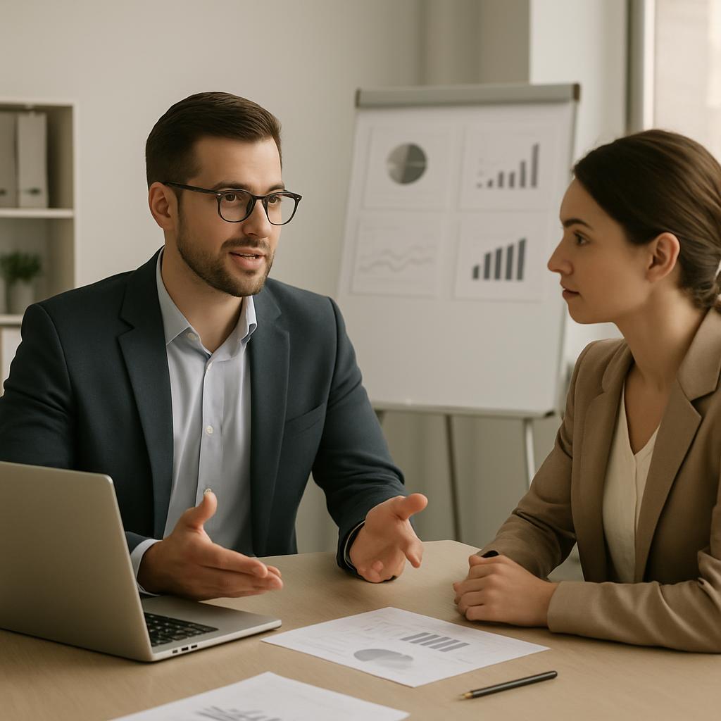 A man and woman in business attire sit at a table with papers and laptop, engaging in a conversation in a bright office.