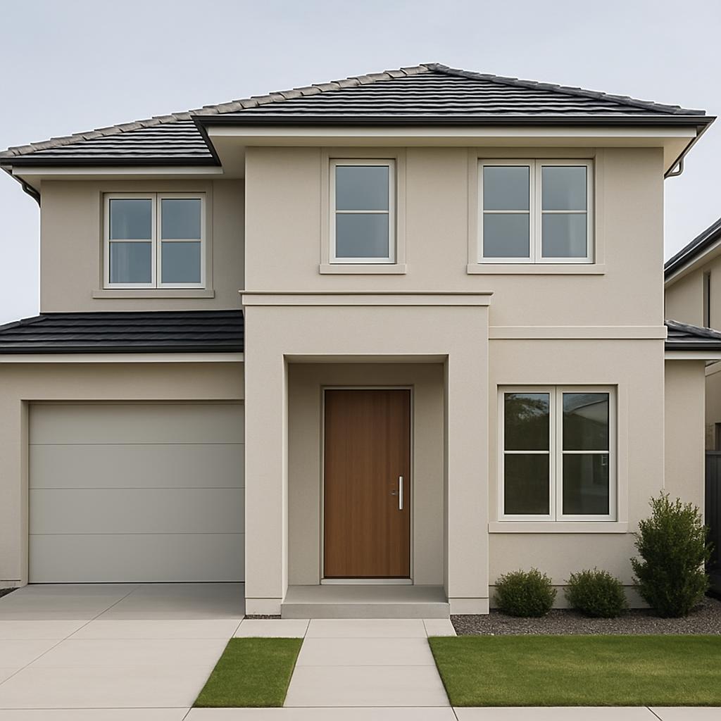 A modern, two-story home with a tan exterior, dark gray roof, and white trim around the windows and door.