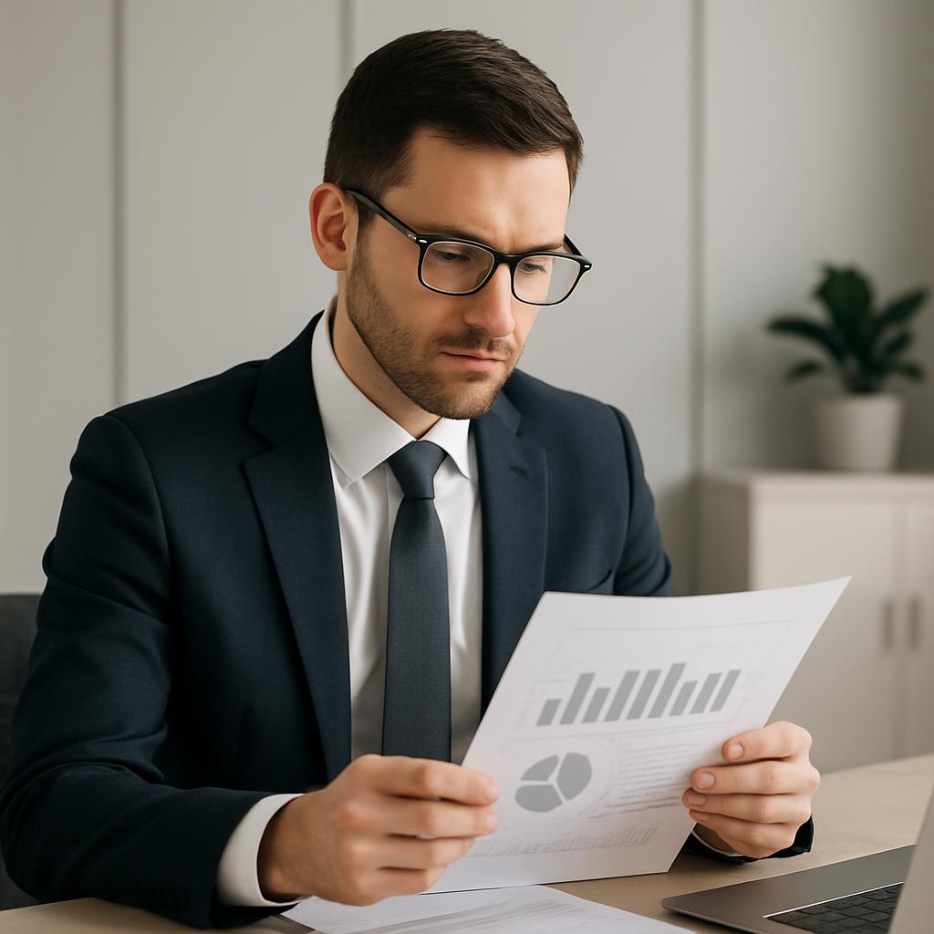 A businessman in a dark suit sits at a desk with papers and a laptop, reading documents in a brightly lit room.