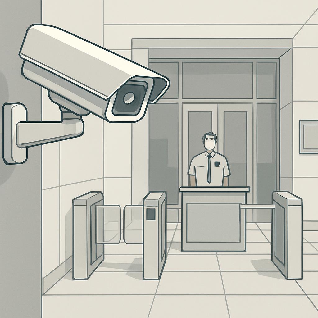 A security camera on the left, and a guard sitting at a desk behind security turnstiles.